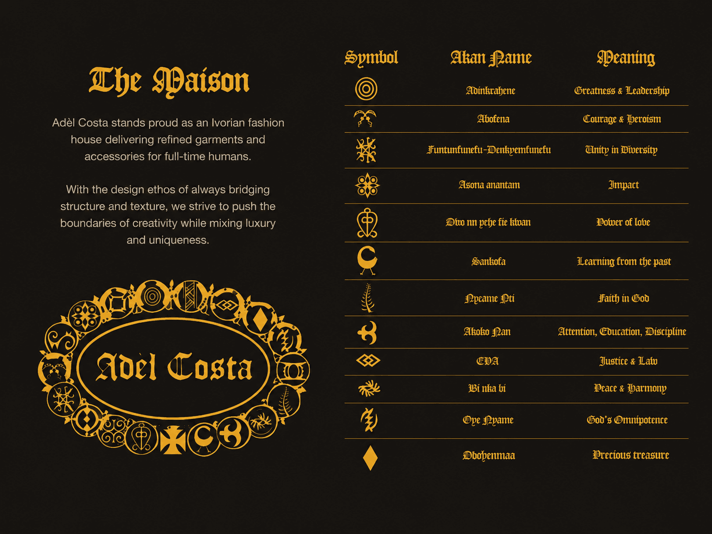 The Maison — Adèl Costa fashion house and Adinkra symbols